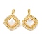 Brass Pave Shell Pendants, with Clear Cubic Zirconia, Rhombus Charm, Real 18K Gold Plated, 19.5x18x5mm, Hole: 4.8x2.7mm