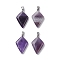 Natural Amethyst Pendants, Kite Charms with Stainless Steel Color Plated Stainless Steel Snap on Bails, 28~28.5x18x5.5mm, Hole: 5.5x3.5mm