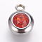 304 Stainless Steel Charms, Flat Round with Glass Rhinestone, Stainless Steel Color, Red, 14x10x6mm, Hole: 2.5mm