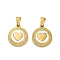 304 Stainless Steel Pendants, with Pave Shell, Flat Round Charm, Ion Plating(IP), Real 18K Gold Plated, Heart, 17.5x15x2mm, Hole: 5.5x2.5mm