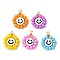 Acrylic Glass Seed Beaded Pendants, with Golden Brass Findings, Flat Round with Smiling Face, White, 23x18x5mm, Hole: 3mm