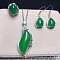 925 Sterling Silver Micro Pave Clear Cubic Zirconia with Natural Chalcedony Pendant Necklaces & Dangle Earrings & Rings Sets, Platinum, Oval, Green, 400mm