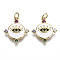 Brass Micro Pave Cubic Zirconia Pendants, with Enamel and Jump Ring, Nickel Free, Flat Round with Eye, Real 16K Gold Plated, White, 19.5x17x3mm, Jump Ring: 5x1mm, 3mm inner diameter