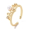 Clear Cubic Zirconia Crown Open Cuff Ring with Acrylic Pearl Beaded, Brass Jewelry for Women, Cadmium Free & Lead Free, Real 18K Gold Plated, US Size 7(17.3mm)