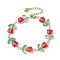 Glass Tulip Flower Beaded Bracelet with 304 Stainless Steel Clasps, Red, 7-5/8 inch(19.5cm)