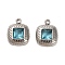 304 Stainless Steel Pendants, with Light Blue Glass, Square Charms, Stainless Steel Color, 15x12x3.5mm, Hole: 1.8mm