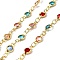 Brass Flat Round Link Chains, with Glass, Lead Free & Cadmium Free, Long-Lasting Plated, Rack Plating, Soldered, with Spool, Colorful, 10.5x4.5x1.5mm and 4x2.5x0.5mm