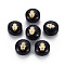 Handmade Lampwork Beads, with Golden Plated Brass Etched Metal Embellishments, Flat Round with Hand, Black, 8x5~6mm, Hole: 0.8mm