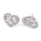Heart with Bowknot Brass Stud Earrings, with Clear Cubic Zirconia, Long-Lasting Plated, Lead Free & Cadmium Free, Platinum, 12x16mm