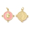 Brass Micro Pave Cubic Zirconia Pendants, with Jump Ring and Enamel, Real 18K Gold Plated, Lead Free & Cadmium Free, Flat Round, Pink, 21.5x20x3mm, Hole: 3mm