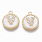 Brass Micro Pave Cubic Zirconia Pendants, with Shell, Flat Round with Letter, Nickel Free, Clear, Creamy White, Real 18K Gold Plated, Letter.V, 17x14x4mm, Hole: 1.8mm