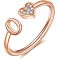 Adjustable Brass Rhinestone Cuff Rings, Letter & Heart, Rose Gold, Letter O, Inner Diameter: 15~20mm