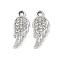 Alloy Crystal Rhinestone Pendants, Rack Plating, Cadmium Free & Nickel Free & Lead Free, Wing, Platinum, 18.5x7.5x1.5mm, Hole: 1.8mm
