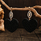 Bohemian Style Handmade Glass Seed Beads Heart with Oval Dangle Stud Earrings, Golden, Black, 62x47mm