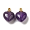 Natural Amethyst Perfume Bottle Pendants, Heart Charms with Golden Plated 304 Stainless Steel Findings, 28x20x12mm, Hole: 2mm