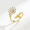 Brass Micro Pave Cubic Zirconia Rotating Cuff Rings for Women, for Calming Worry Meditation, Golden, Flower, Inner Diameter: 15~20mm