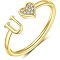 Adjustable Brass Rhinestone Cuff Rings, Letter & Heart, Golden, Letter U, Inner Diameter: 15~20mm