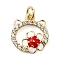Rack Plating Brass Pendants, with Cubic Zirconia and Enamel, Cat Head & Flower Charms, Long-Lasting Plated, Lead Free & Cadmium Free, with Jump Ring, Real 18K Gold Plated, 14.5x13.5x2.5mm, Hole: 3.5mm