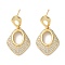 Brass Pave Cubic Zirconia Stud Earrings, Rhombus with Hollow Oval, Real 16K Gold Plated, 31.5x17.5mm