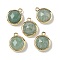 Natural Green Aventurine Faceted Flat Round Charms, with Rack Plating Brass Settings, Long-Lasting Plated, Golden, 14.5x12x5.5mm, Hole: 1.4mm