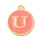 Golden Plated Alloy Enamel Charms, Enamelled Sequins, Flat Round with Alphabet, Letter.U, Hot Pink, 14x12x2mm, Hole: 1.5mm