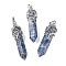 Natural Blue Spot Jasper Pendants, Bullet Charms, with Rack Plating Brass Leaf Findings, Cadmium Free & Lead Free, 44~46x11.5~12x12mm, Hole: 8x5mm