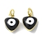 Brass Enamel Charms, with Jump Ring, Lead Free & Cadmium Free, Real 18K Gold Plated, Heart with Evil Eye Charm, Black, 9x7x4.5mm, Hole: 2.2mm