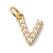 Rack Plating Brass with ABS Plastic Imitation Pearl Charms, Long-Lasting Plated, Lead Free & Cadmium Free, Real 18K Gold Plated, Letter V, 10.5x8.5x3mm, Hole: 3mm