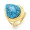 Ion Plating(IP) 304 Stainless Steel Synthetic Turquoise Cuff Rings, Teardrop Open Rings for Women Men, Real 18K Gold Plated, 18.5x23.5mm, Inner diameter: Adjustable.