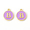 Golden Plated Alloy Enamel Charms, Enamelled Sequins, Flat Round with Letter, Medium Purple, Letter.B, 14x12x2mm, Hole: 1.5mm