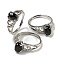 Oval Natural Dyed & Heated Black Agate Adjustable Rings, Brass Clear Cubic Zirconia Ring for Women, Long-Lasting Plated, Lead Free & Cadmium Free, Platinum, Inner Diameter: 18mm