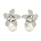 Rack Plating Brass Micro Pave Clear Cubic Zirconia Stud Earrings, with Shell Pearl, Flower, Platinum, 33x27mm