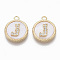 Brass Micro Pave Cubic Zirconia Pendants, with Shell, Flat Round with Letter, Nickel Free, Clear, Creamy White, Real 18K Gold Plated, Letter.J, 17x14x4mm, Hole: 1.8mm