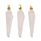Natural Rose Quartz Pointed Pendants, Faceted Cone Charms with Golden Plated Barss Snap on Bails, 35~35.5x8~8.5mm, Hole: 6.5x4mm