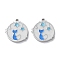 304 Stainless Steel Charms, with Enamel, Flat Round with Cat Charm, White, 13.5x12.5x1.5mm, Hole: 1mm
