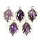 Natural Amethyst Faceted Leaf Pendants, Rack Plating Brass Charms, Golden, 23x13.5x5.5mm, Hole: 1.2mm