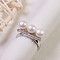 3-Round Brass Crystal Rhinestone & Natural Freshwater Pearl Finger Rings, White, 15.2~19mm