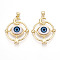 Brass Resin Pendants, Flat Round with Eye & Moon & Star, Real 18K Gold Plated, 34~34.5x27x8mm, Hole: 3.5x5~6.5mm