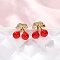 Brass Micro Pave Cubic Zirconia Stud Earrings, with Enamel, Cadmium Free & Lead Free, Rack Plating, Long-Lasting Plated, Golden, Cherry, 9.5x10mm