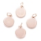 Ion Plating(IP) 304 Stainless Steel Charms, with Jump Rings, Blank Stamping Tag, Flat Round, Rose Gold, 12.5x10x0.8mm, Hole: 3.5mm