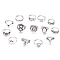 14Pcs 14 Style Rhinestone Finger Rings Set, Flower & Leaf & Moon & Crown Alloy Stackable Rings for Women, Antique Silver, Inner Diameter: 16~20mm, 1Pc/style