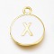 Brass Enamel Pendants, Long-Lasting Plated, Golden, White, Flat Round, Letter.X, 16.5x13x2mm, Hole: 1.5mm