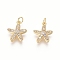Brass Charms, with Clear Cubic Zirconia and Jump Rings, Starfish/Sea Stars, Golden, 13x11x3mm, Hole: 2.5mm