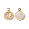 Rack Plating Brass Shell Pendants, with Cubic Zirconia & Natural Shell, Flat Round with Constellation Charms, Cadmium Free & Lead Free, Long-Lasting Plated, Real 18K Gold Plated, Scorpio, 19x16x3mm, Hole: 4x3.5mm