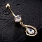 Piercing Jewelry, Brass Cubic Zirconia Navel Ring, Belly Rings, with 304 Stainless Steel Bar, Cadmium Free & Lead Free, Real 18K Gold Plated, teardrop, Clear, 42x12mm, Bar Length: 3/8