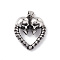 304 Stainless Steel Manual Polishing Pendants, Heart with Skull, Antique Silver, 36.5x32x12mm, Hole: 4x8.5mm