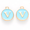 Golden Plated Alloy Enamel Charms, Cadmium Free & Lead Free, Enamelled Sequins, Flat Round, Sky Blue, Letter.V, 14x12x2mm, Hole: 1.5mm