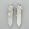 Natural Quartz Crystal Pointed Pendants, Rock Crystal Pendants, with Brass Findings, Bullet, Platinum, 57~60x16mm, Hole: 8x5mm
