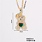 Brass Pave Clear Cubic Zirconia Cable Chain Bear Pendant Necklaces for Women, with Emerald Rhinestone, Golden, 15.75 inch(400mm)