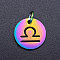 Rainbow Color Ion Plating(IP) 201 Stainless Steel Charms, with Jump Rings, Flat Round with Constellation/Zodiac Sign, Libra, 12x1mm, Jump Ring: 5x0.8mm, Inner Diameter: 3mm